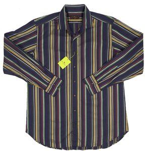 NEW $395 Etro Fine Shirt!  e 44 US 17.5 XXL  Navy With Colorful Stripes  ITALY